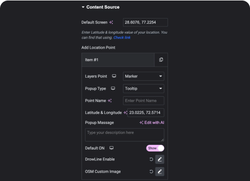 Add pins on osm maps elementor google maps widget [with multiple locations] from the plus addons for elementor