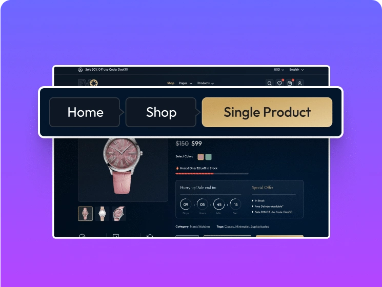 Ecommerce product page breadcrumbs elementor breadcrumbs bar widget [search engine optimized] from the plus addons for elementor