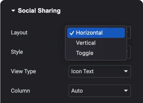 Horizontal vertical toggle button layout elementor social sharing buttons widget [20+ social channels] from the plus addons for elementor