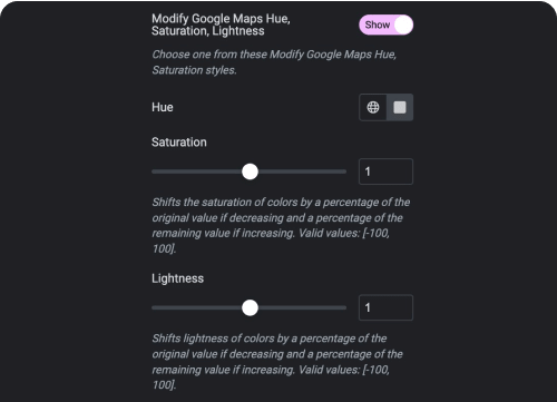Modify hue saturation lightness elementor google maps widget [with multiple locations] from the plus addons for elementor