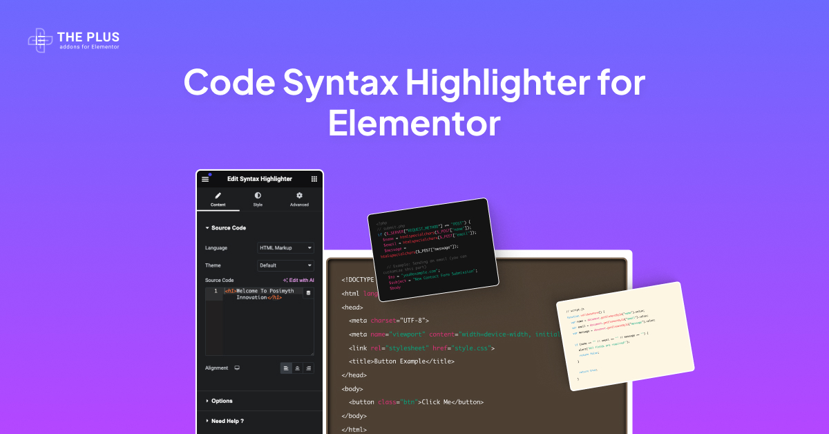 Feature image code highlighter code syntax highlighter for elementor from the plus addons for elementor