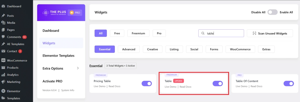Enable table widget how to create comparison table in wordpress [step-by-step] from the plus addons for elementor
