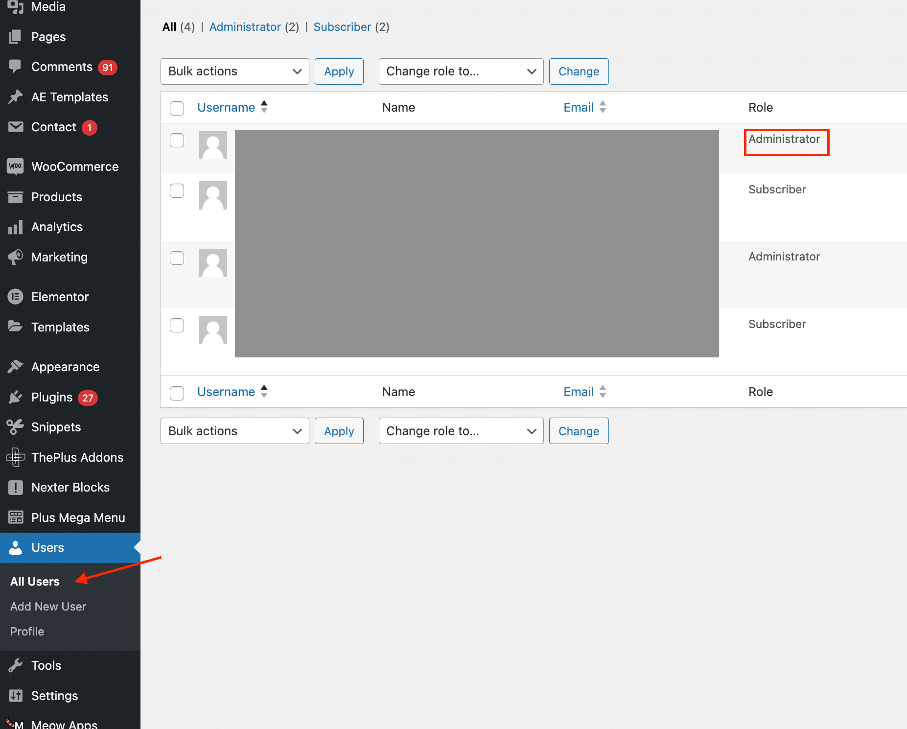 Find your username in the list how to fix missing appearance menu in wordpress admin quickly from the plus addons for elementor