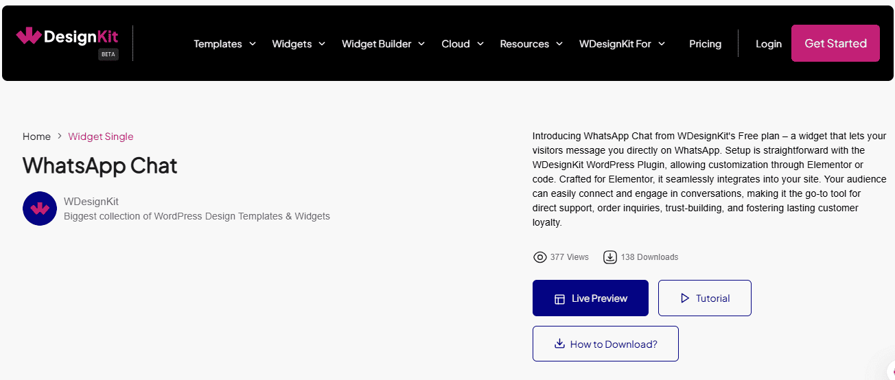 Whatsapp chat widget from wdesignkit displayed in the elementor editor