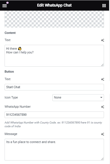 Edit text displayed on the button how to add whatsapp chat in elementor [free] from the plus addons for elementor