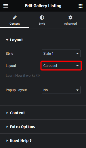 Gallery listing layout carousel how to change carousel background on slide change in elementor? From the plus addons for elementor