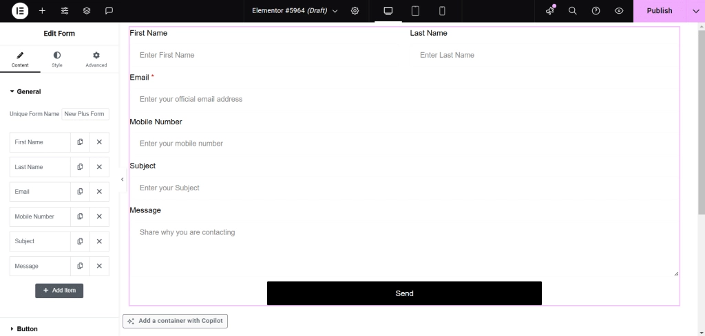 Once you add the form how to create contact form in elementor for free  from the plus addons for elementor