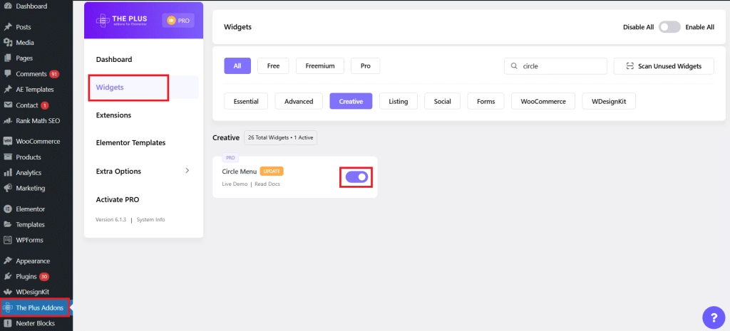 Activate circle menu widget for elementor how to create circle menu in wordpress from the plus addons for elementor