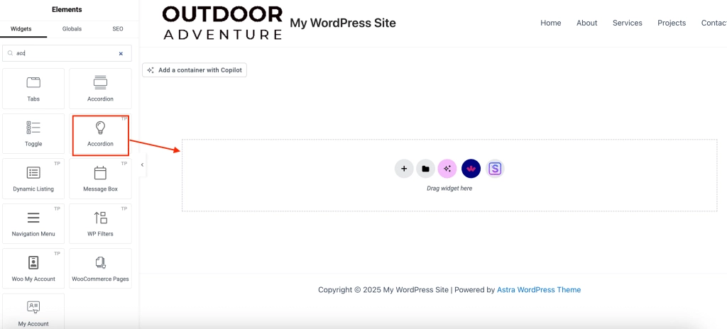 Add widget to a page how to add accordion in wordpress from the plus addons for elementor