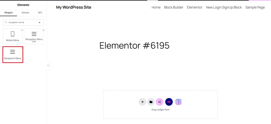 Adding the navigation menu widget onto a page in the elementor editor