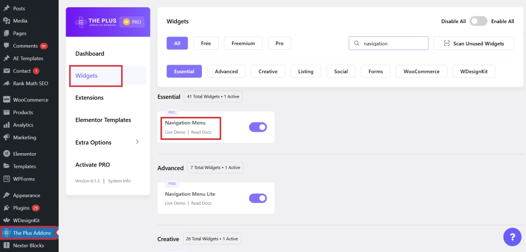 Enabling the navigation menu widget in the plus addons for elementor settings