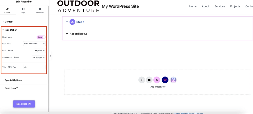 Icon options how to add accordion in wordpress from the plus addons for elementor