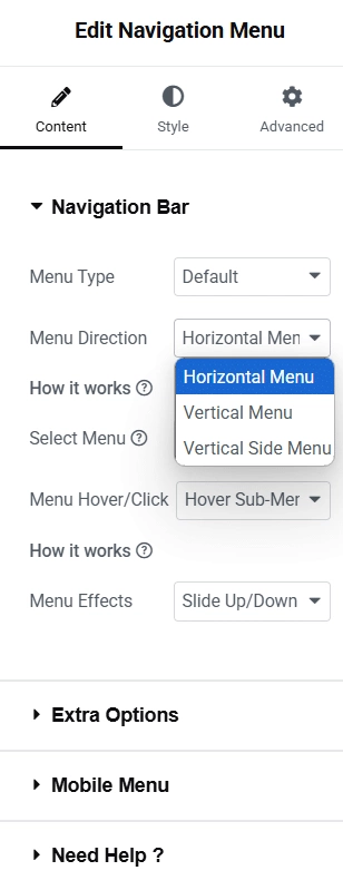 Setting the menu direction in the navigation menu widget