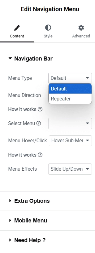 Selecting the menu type in the navigation menu widget