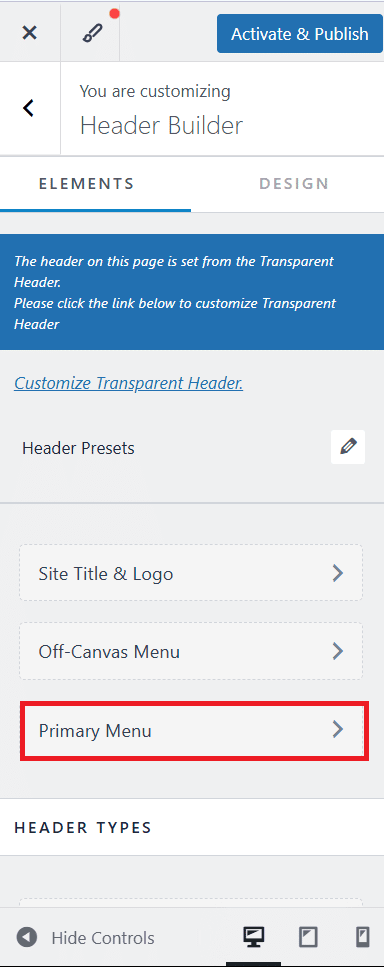 Finding the menu and color options inside the wordpress customizer