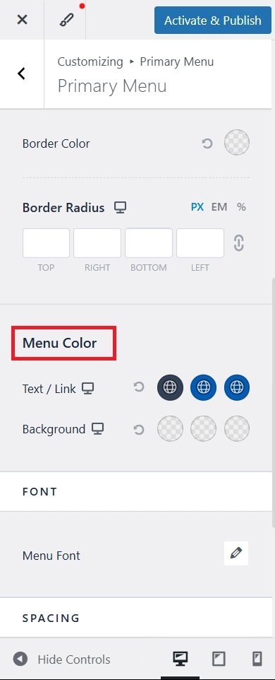 Choosing new menu colors and publishing in the wordpress customizer