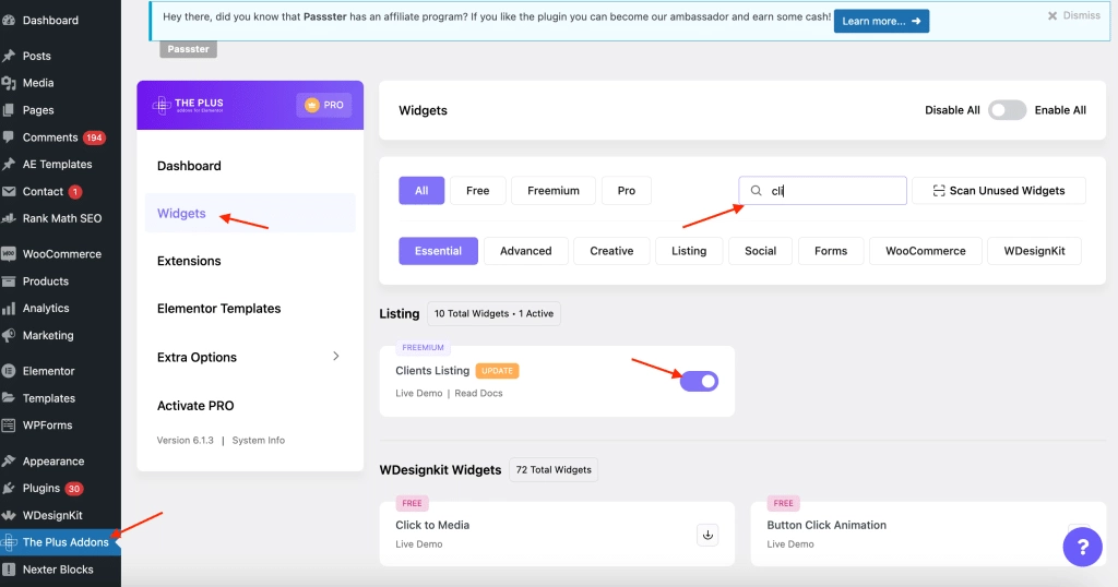 Activate the clients listing widget how to add logo slider in wordpress from the plus addons for elementor