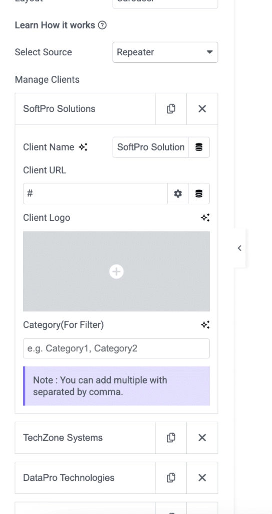 Add client entries from the dashboard how to add logo slider in wordpress from the plus addons for elementor