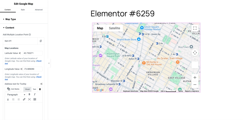 How to Pin Multiple Locations on Google Maps using Elementor? Add your first location pin