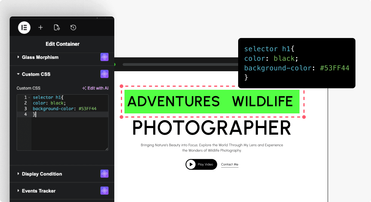 Adventure wildlife phootgrpher custom css for elementor from the plus addons for elementor