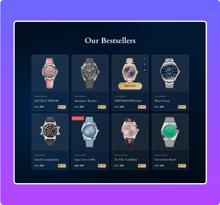 Dark themed four column grid woocommerce products grid for elementor from the plus addons for elementor