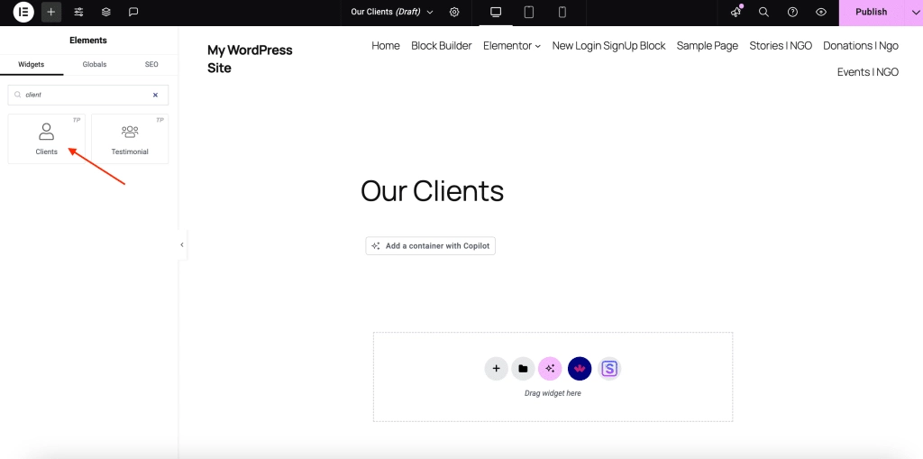 Insert the clients widget on a page how to add logo slider in wordpress from the plus addons for elementor