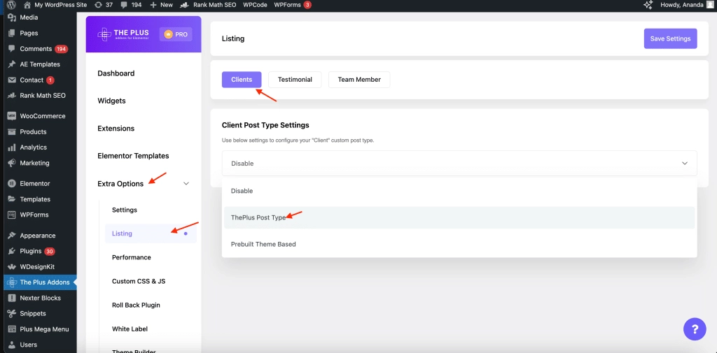 Set up the client post type how to add logo slider in wordpress from the plus addons for elementor