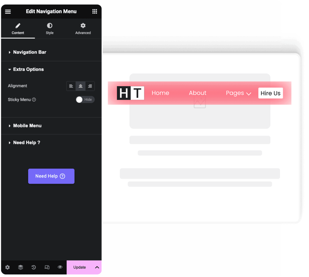 Glassmorphism in 2026: How to Build Frosted Glass UI (CSS + Elementor) Elementor navigation menu widget with sticky menu enabled, showing a blurred glassmorphism header bar over page content