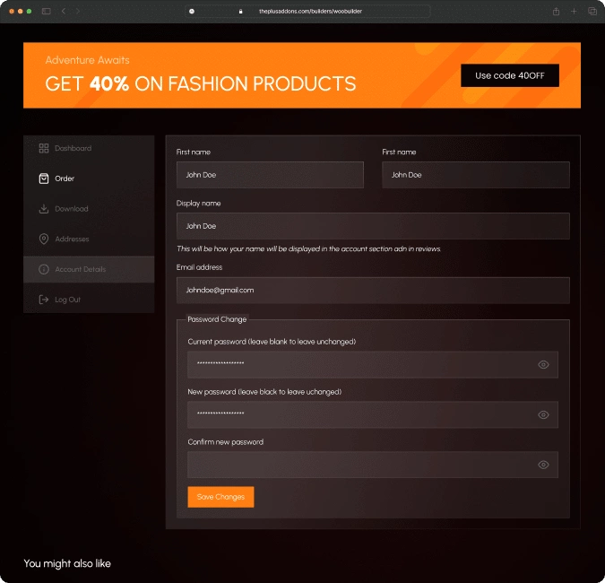 Woocommerce my account dashboard after image woocommerce store builder for elementor from the plus addons for elementor