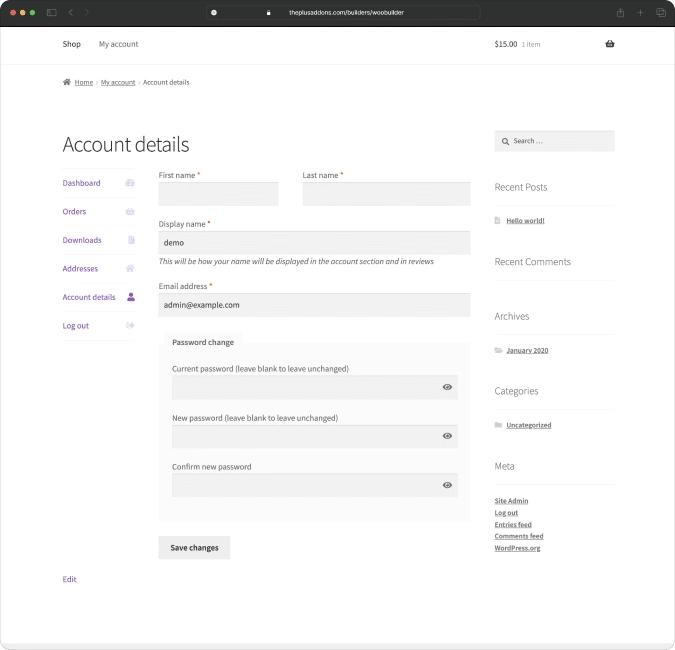 Woocommerce my account dashboard before image woocommerce store builder for elementor from the plus addons for elementor