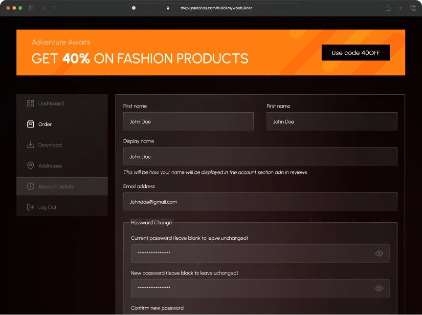 Woocommerce account after woo my account page from the plus addons for elementor