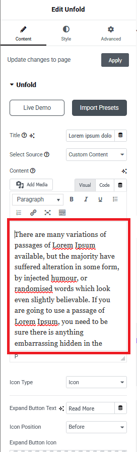 Add content in unfold widget how to show and hide text in wordpress from the plus addons for elementor