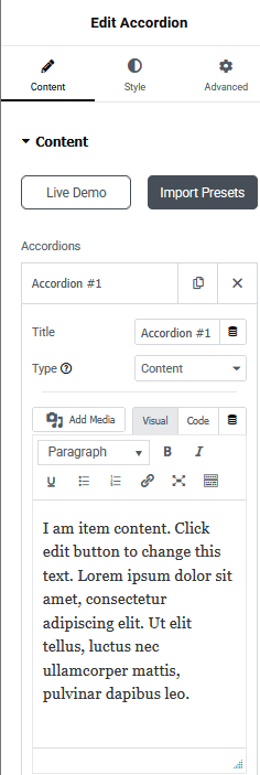 Add text content in accordion widget how to show and hide text in wordpress from the plus addons for elementor