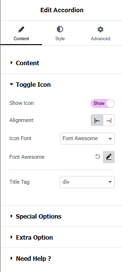 Configure toggle settings how to show and hide text in wordpress from the plus addons for elementor