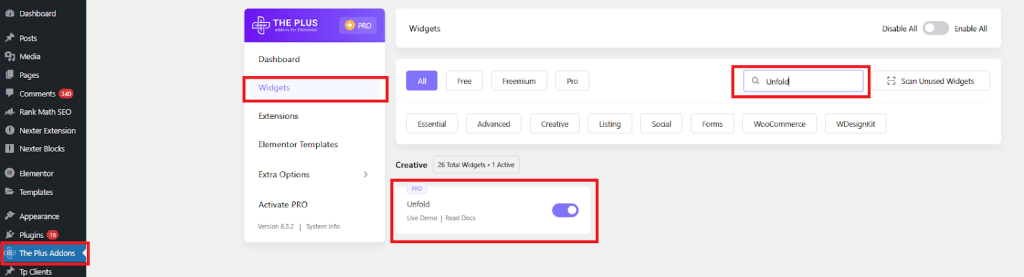 Search for unfold widget how to show and hide text in wordpress from the plus addons for elementor