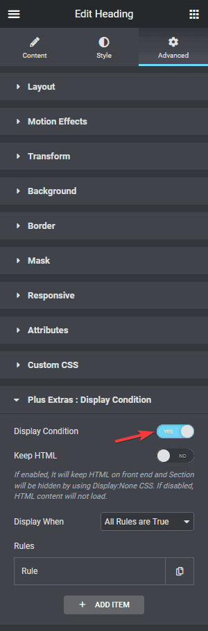 Toggle display condition to yes how to set elementor display conditions based on login status? From the plus addons for elementor