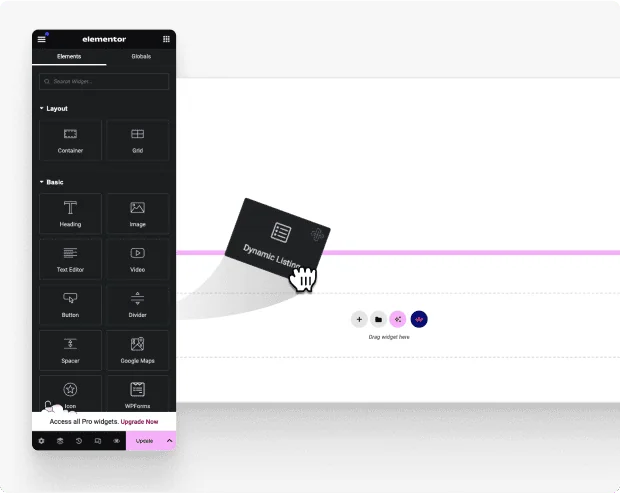 Add the dynamic listing widget custom query builder for elementor from the plus addons for elementor