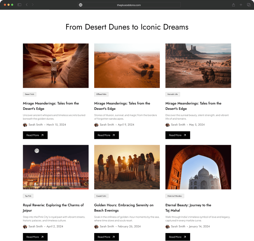 Desert image blog post loop skin for elementor from the plus addons for elementor