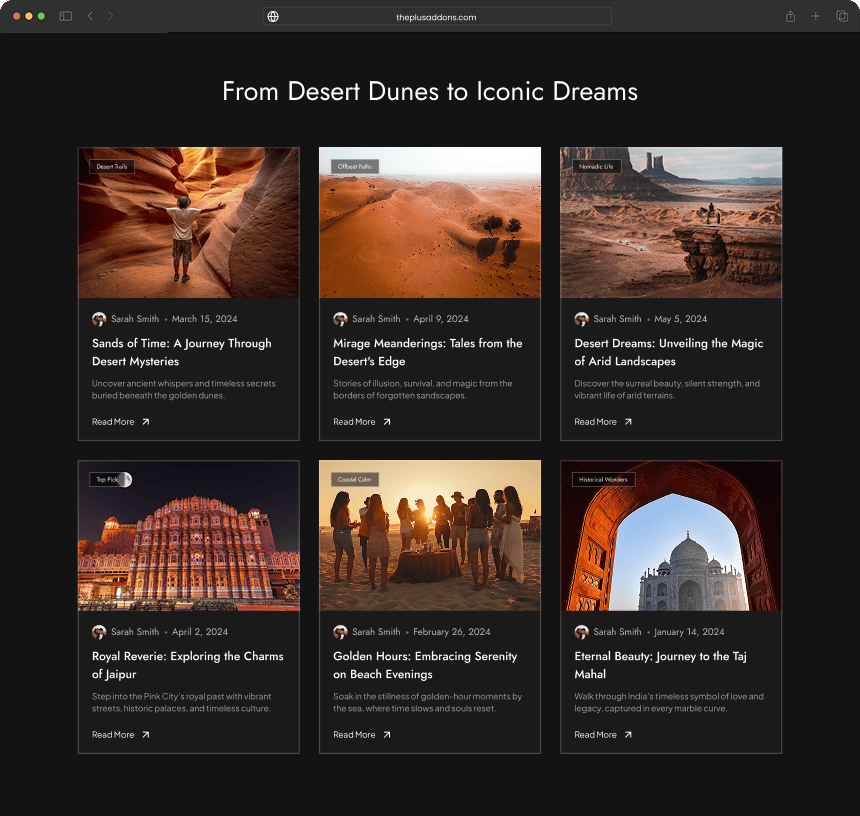 Desert images dark blog post loop skin for elementor from the plus addons for elementor