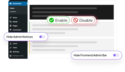Disable admin settings admin and site enhancements extensions for wordpress from the plus addons for elementor
