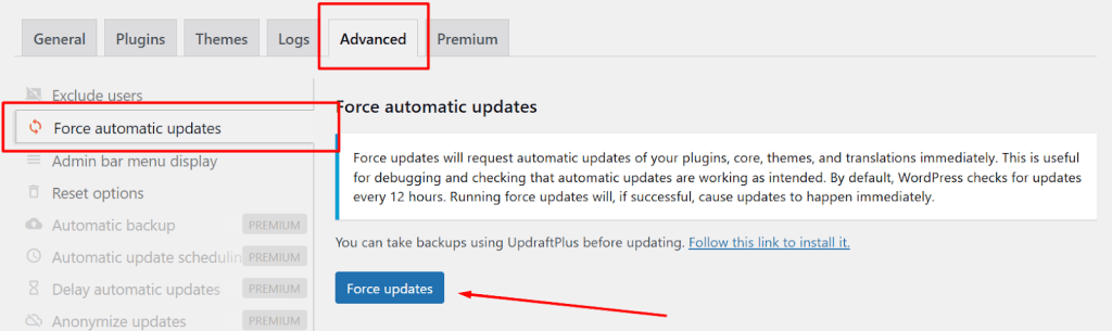 Go to advanced tab how to force check wordpress plugin updates from the plus addons for elementor