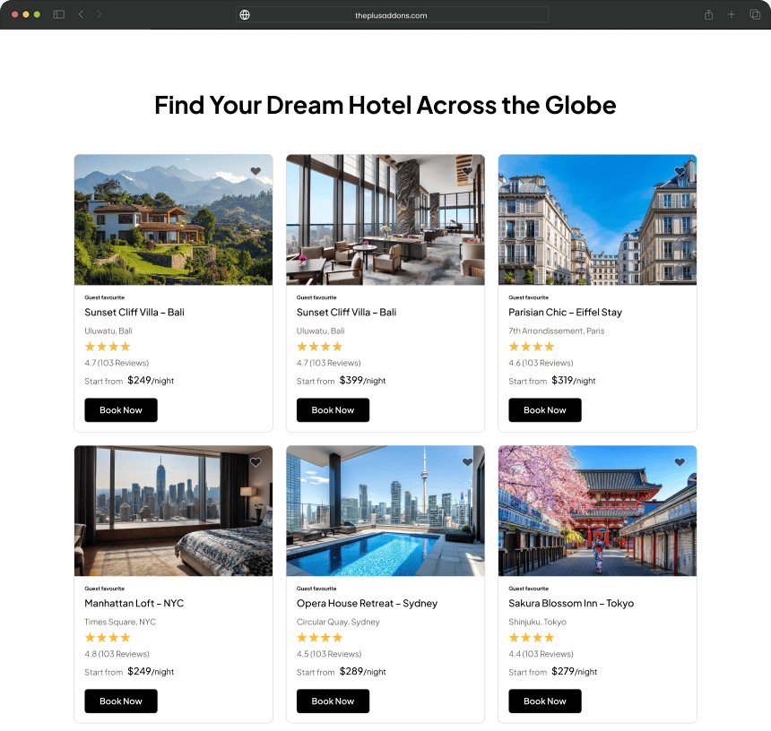 Hotel places html code loop skin for elementor from the plus addons for elementor