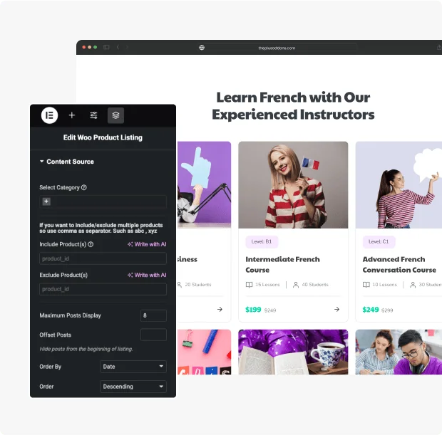 Online course or lms website advanced query builder for elementor from the plus addons for elementor