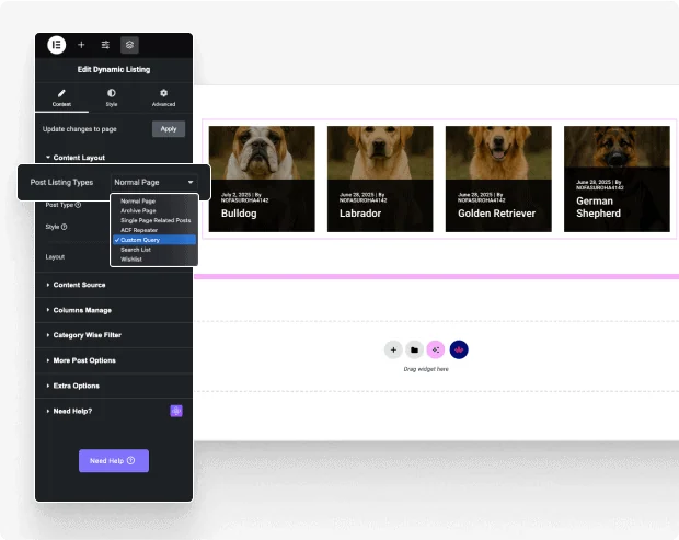 Select custom query mode custom query builder for elementor from the plus addons for elementor