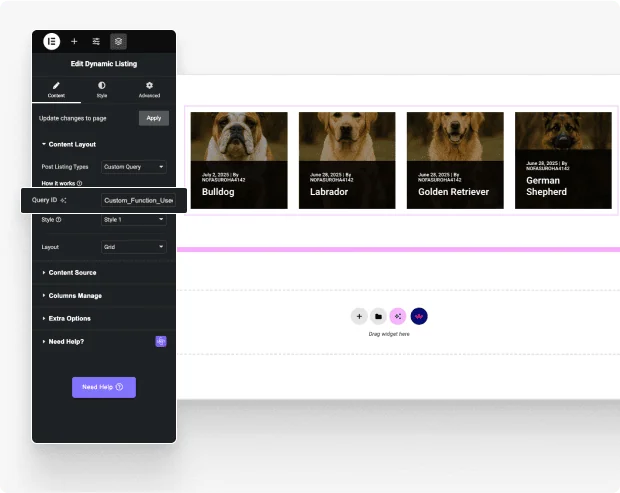 Set your query id custom query builder for elementor from the plus addons for elementor