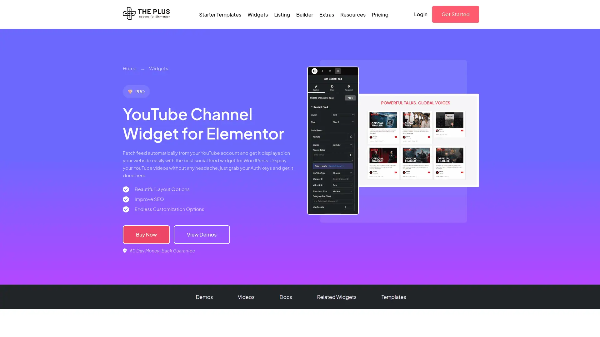 The plus addons for elementor youtube feed widget