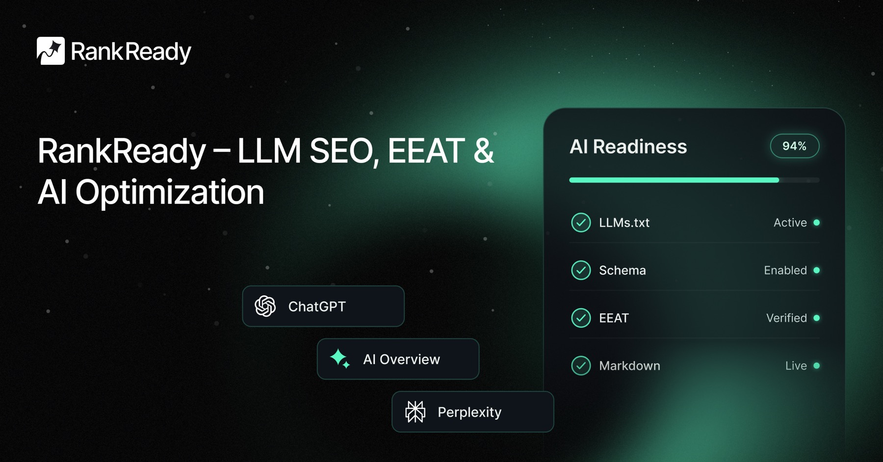 Rankready ai seo plugin for wordpress banner promoting llms. Txt generator ai crawler log ai referral analytics and webmcp server