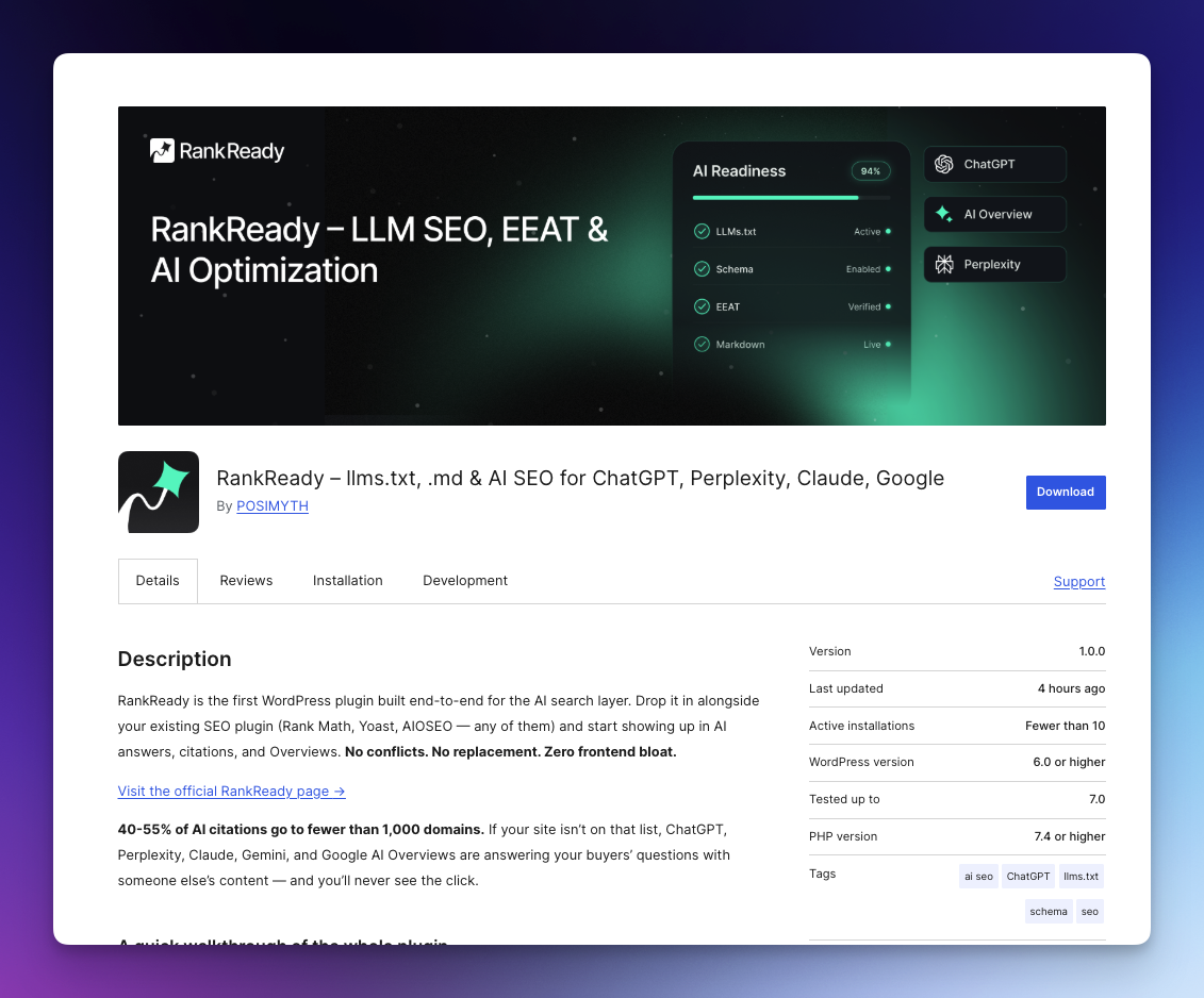 Rankready wordpress plugin showing ai seo llm eeat optimization for chatgpt perplexity claude google with llms. Txt generator module highlighted
