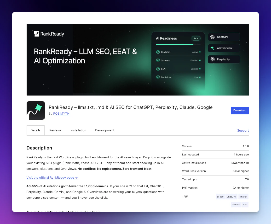 WebMCP for WordPress: Turn Your Site Into a Model Context Protocol Endpoint Claude and ChatGPT Can Query Directly Rankready wordpress plugin with webmcp server module showing ai seo llm eeat optimization for chatgpt perplexity claude integration