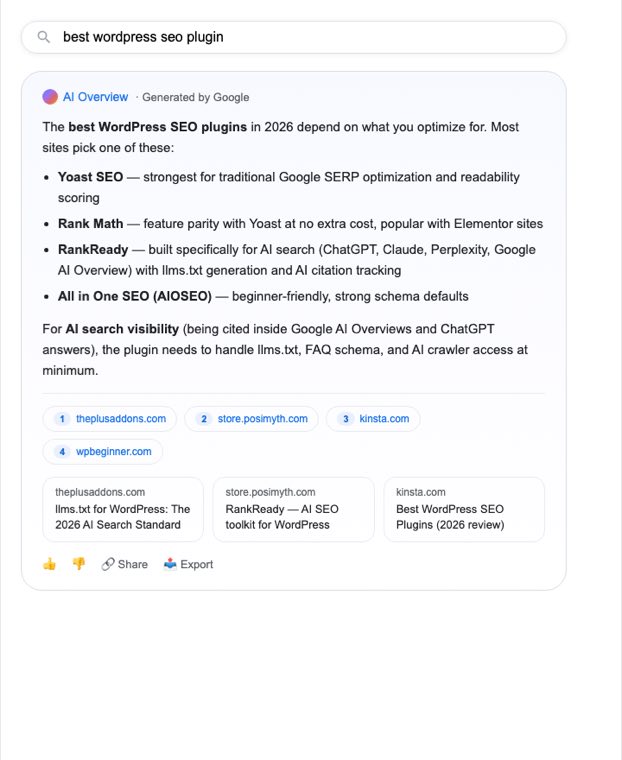 Google AI Overview: The Complete WordPress Optimization Playbook for 2026 Google ai overview result for best wordpress seo plugin showing rankready and tpae cited as sources for ai search results